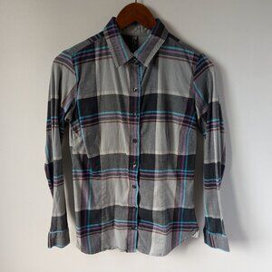 Kuhl cotton blend flannel in gray plaid with blue and purple stripes, size XS